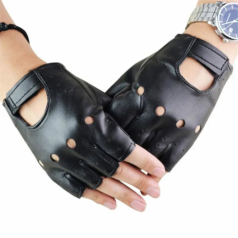 Unisex Synthetic Leather Polyurethane Black Fingerless Gloves Solid Woman Half Finger Driving Women Men Fashion Transport Gloves Oasis Select