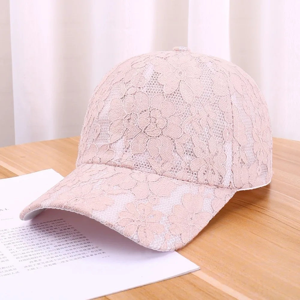 Fashion Breathable Floral Lace Baseball Cap Hollow Adjustable Mesh Baseball Hat Outdoor Sun Hat For Women Oasis Select Pink