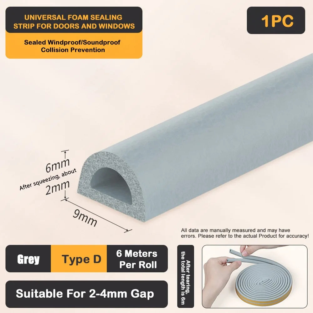 Self Adhesive Weather Stripping Door Seal Strip EPDM Soundproof Weather Stripping Windproof 6Meters Weatherstrip for Window Oasis Select Grey - D Type