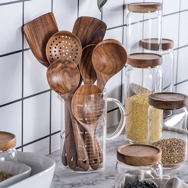 7pcs/set Teak Natural Wood Tableware Spoon Ladle Turner Rice Colander Soup Skimmer Cooking Spoon Scoop Kitchen Reusable Tool Kit Oasis Select