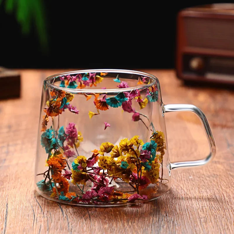 Petal Quicksand Coffee Cup High Appearance Level Dried Flower Real Flower Double Creative Drink Milk Glass Oasis Select A 200ML