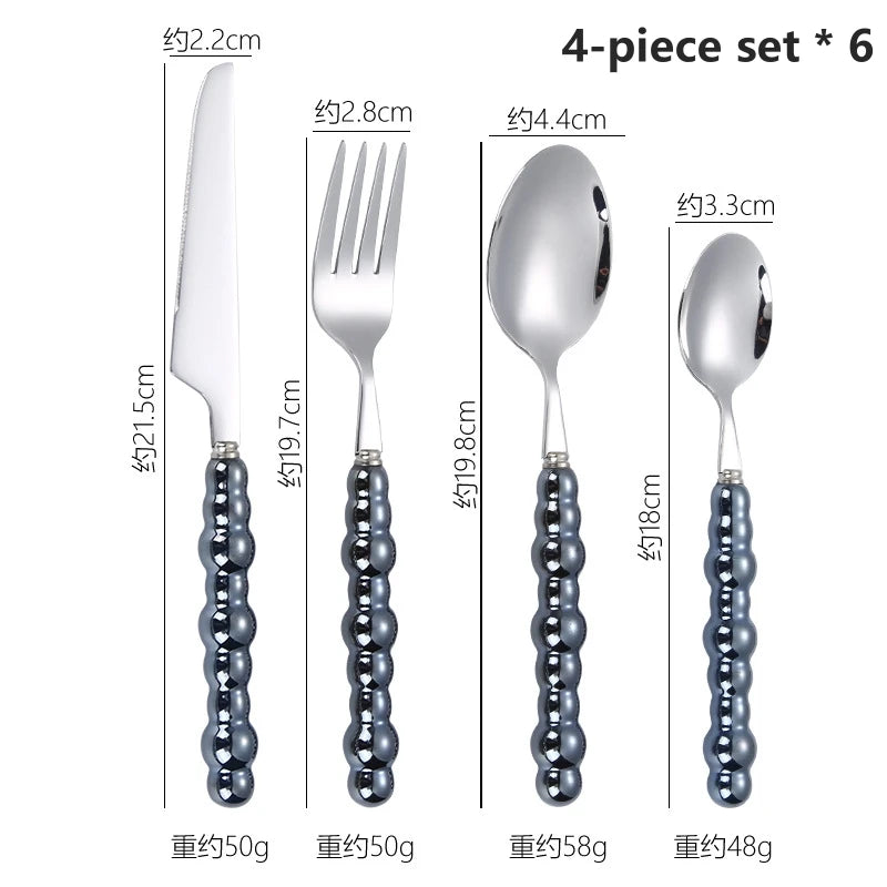 24-Piece Pearl Handle Stainless Steel Cutlery Luxury Forged Knife Fork Spoon Shell Spoon Kits Dessert Steak Dining Tableware Oasis Select Dark-blue-24pcs