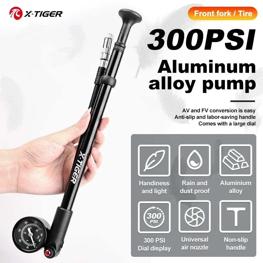 X-TIGER 300psi High Pressure Bicycle Pump with Pressure Gauge Portable Tire Inflator Mountain AV/FV General Bike Pump Oasis Select