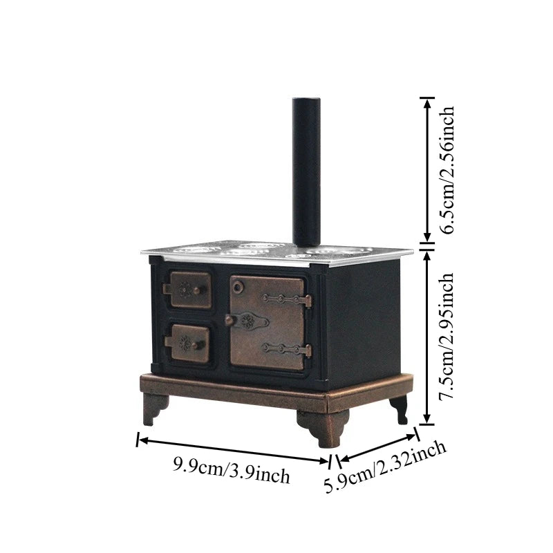 Vintage Cast Iron–Style Stove with Long Chimney – 1:12 Miniature Range for Dollhouse, Fairy Garden & Micro Landscapes, Alloy Oasis Select