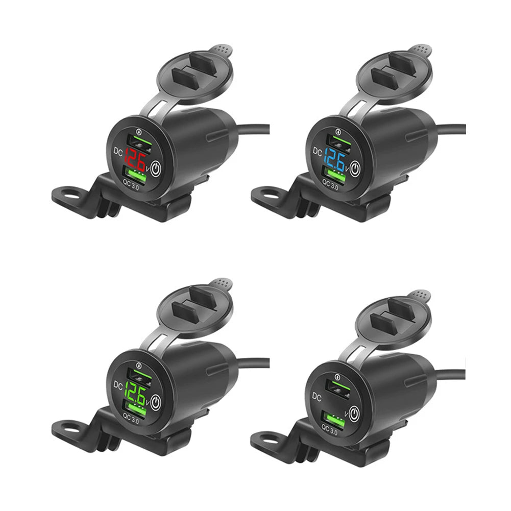 Dual QC 3.0 Waterproof Motorcycle USB Charger with Voltmeter