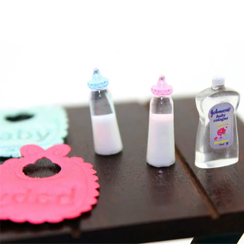 1:12 Dolls House Miniature Baby Bottles Shampoo Bibs Set Nursery Accessory Gift Oasis Select