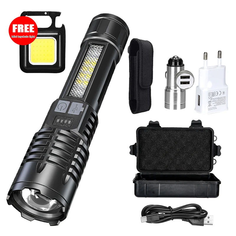 Ultra Bright LED Flashlight 2000LM Type-C Rechargeable Long Range Zoom Tactical Torch Outdoor Emergency Camping Fishing Lantern Oasis Select Set D ZOOM