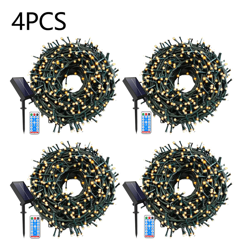 Outdoor Solar Lawn Street Light String 1/2/3/4Pcs Holiday Christmas Tree Stair Handail Decor Light Panel+Remote Control Dimmable Oasis Select 4PCS Warm White 10M 100LEDs