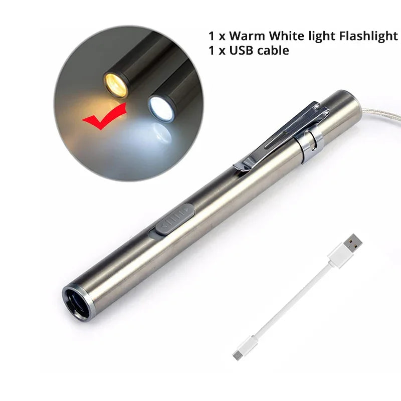 Mini Portable Medical Handy LED Pen Light Flashlight USB Rechargeable Dentist Nurse Torch with Stainless Steel Clip Oasis Select blue moon Warm light