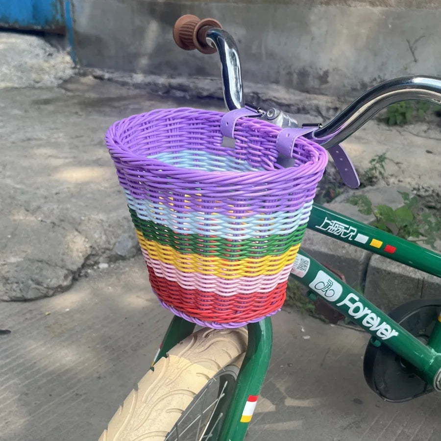 Rainbow Color Bicycle Basket for Kid Front Handlebar Rattan Picnic Basket Plastic Bike Bag Water Bottle Dolls Bicycle Rack Bag Oasis Select