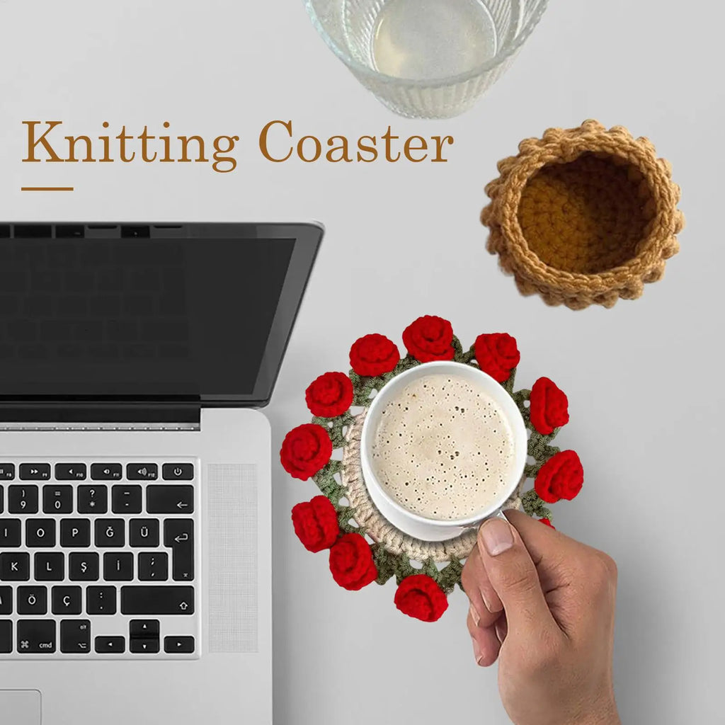 Knitting Coaster Handmade Knitting Romantic Coaster Aesthetic Soft Vintage Pad DIY Vintage Crochet Rose Bouquet Material Kit Oasis Select