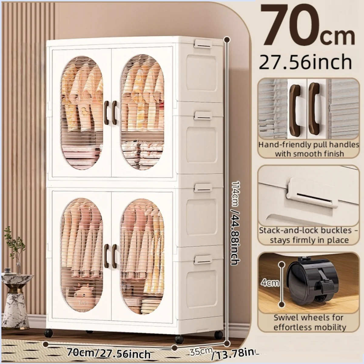 70cm Double-Door Foldable Wardrobe with Wheels - Large Capacity Magnetic Closure Storage for Clothes/Quilts, Bedroom/Living Room Oasis Select 2 cabinets