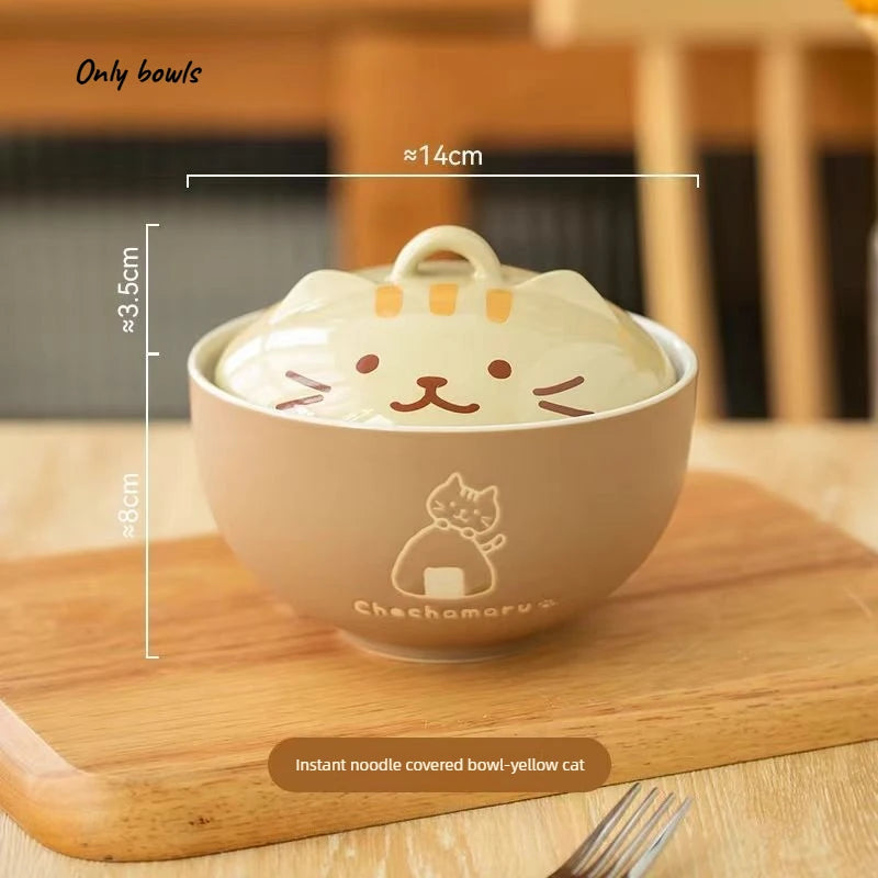 1pcs Japanese Tableware Cute Cat Ceramic Bowl Large Capacity Household Soup Bowl Student Instant Noodle Bowl with Lid Oasis Select yellow cat