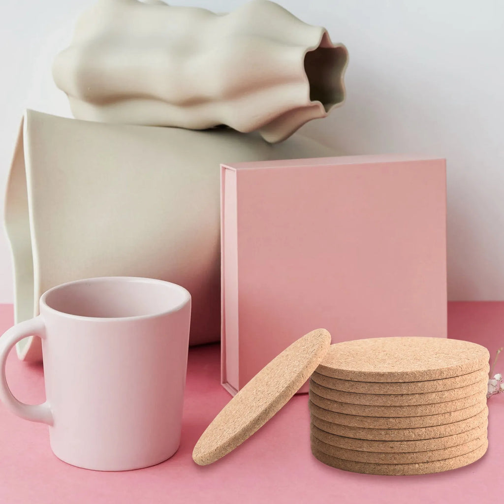 Set of 10 Cork Bar Drink Coasters - Absorbent and Reusable - 90mm, 5mm Thick Oasis Select