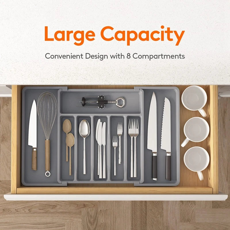 Cutlery Drawer Organiser Expandable Utensil Tray For Kitchen, Adjustable Silverware And Flatware Holder Durable Oasis Select Grey