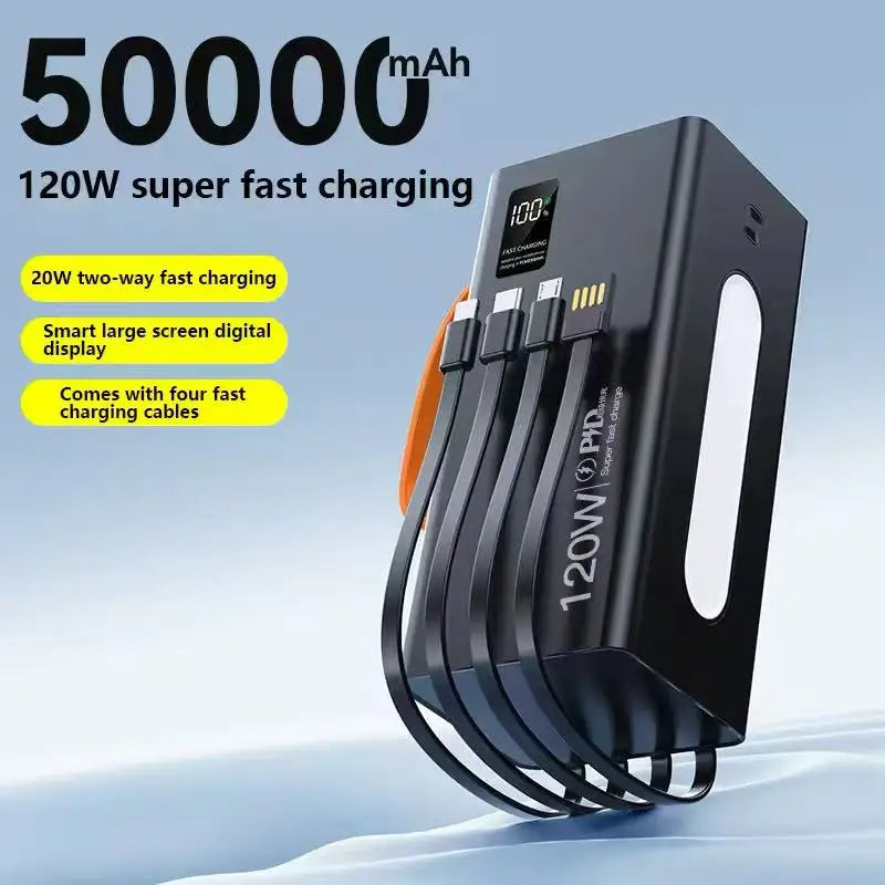 120W 50000mAh High Capacity Power Bank 4 in 1 Cables Super Fast Charging Power Bank Portable Charger For iPhone Samsung Oasis Select