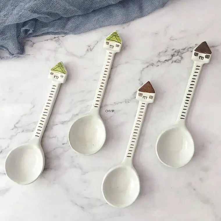 Ceramic Spoon Hand-painted Cute House Dessert Spoon Ice Cream Spoon Kitchen Tablewear Oasis Select