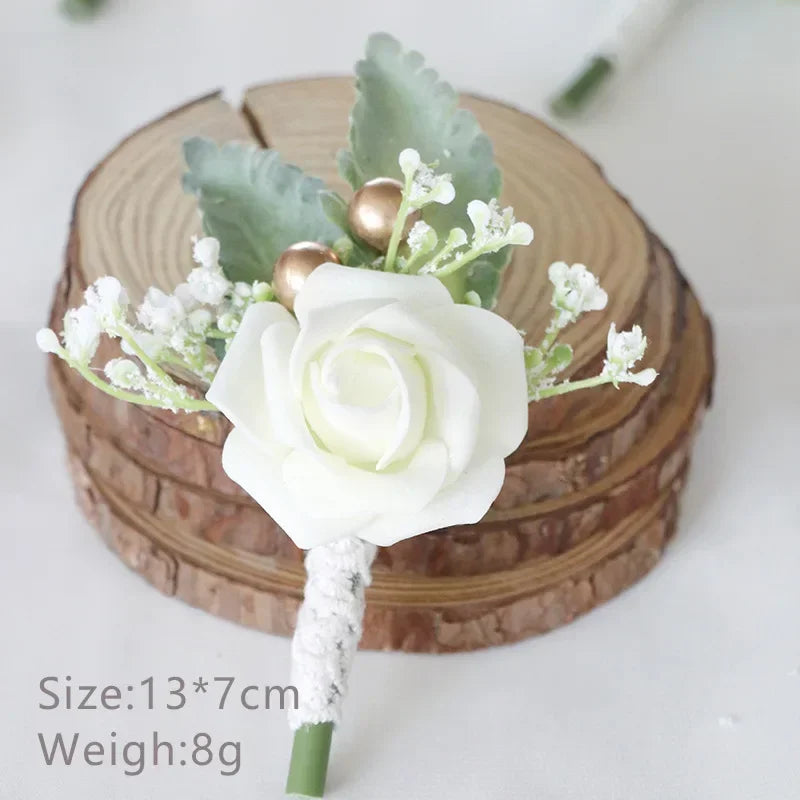 Boutonnieres Flowers Artificial White Roses Silk Ivory Corsage Buttonhole Groomsmen Boutonniere for Men Wedding Accessories Oasis Select White