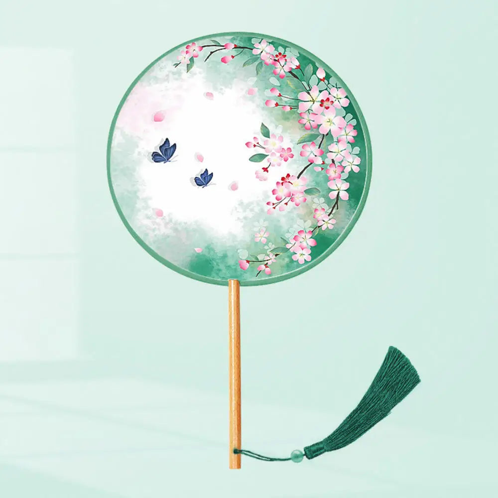 China Fan Wholesale Semi-Transparent Long Handle Tassel Dance Fan Female Costume Hanfu Cheongsam Embroidery Small Round Fan Oasis Select F1