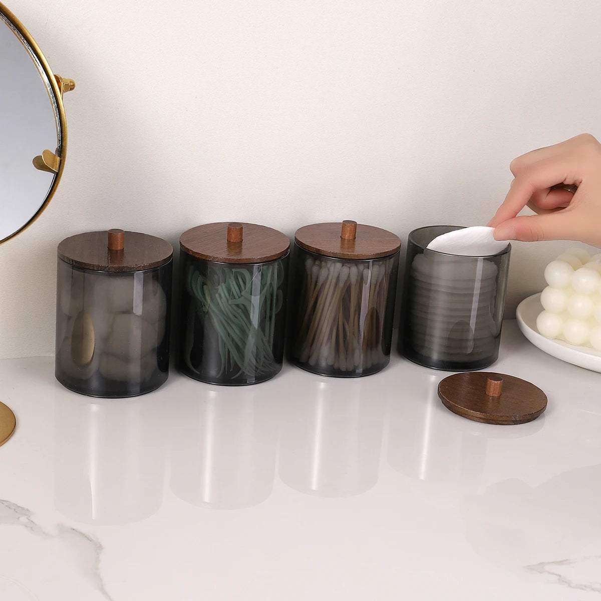 4 Piece/Set Cotton Swab Holder, Black Cups with Walnut Stained Wood Lids Pill Jar Containers, Cotton Swabs, Dental Floss Oasis Select