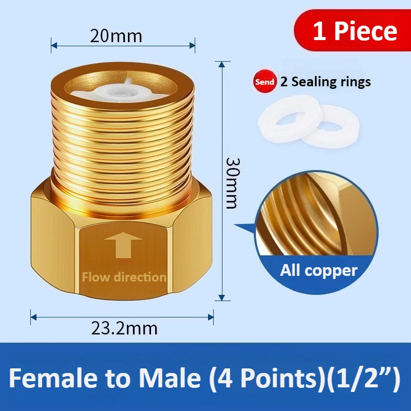 Copper One-way Check Valve 4 Points 1/2 "Anti Backflow Water Return Bathroom Water Pipe Toilet Water Heater Meter Oasis Select Female to Male Full copper 4 points