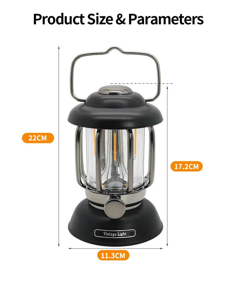 Retro LED Camping Lantern | USB-C Rechargeable, IP55 Waterproof