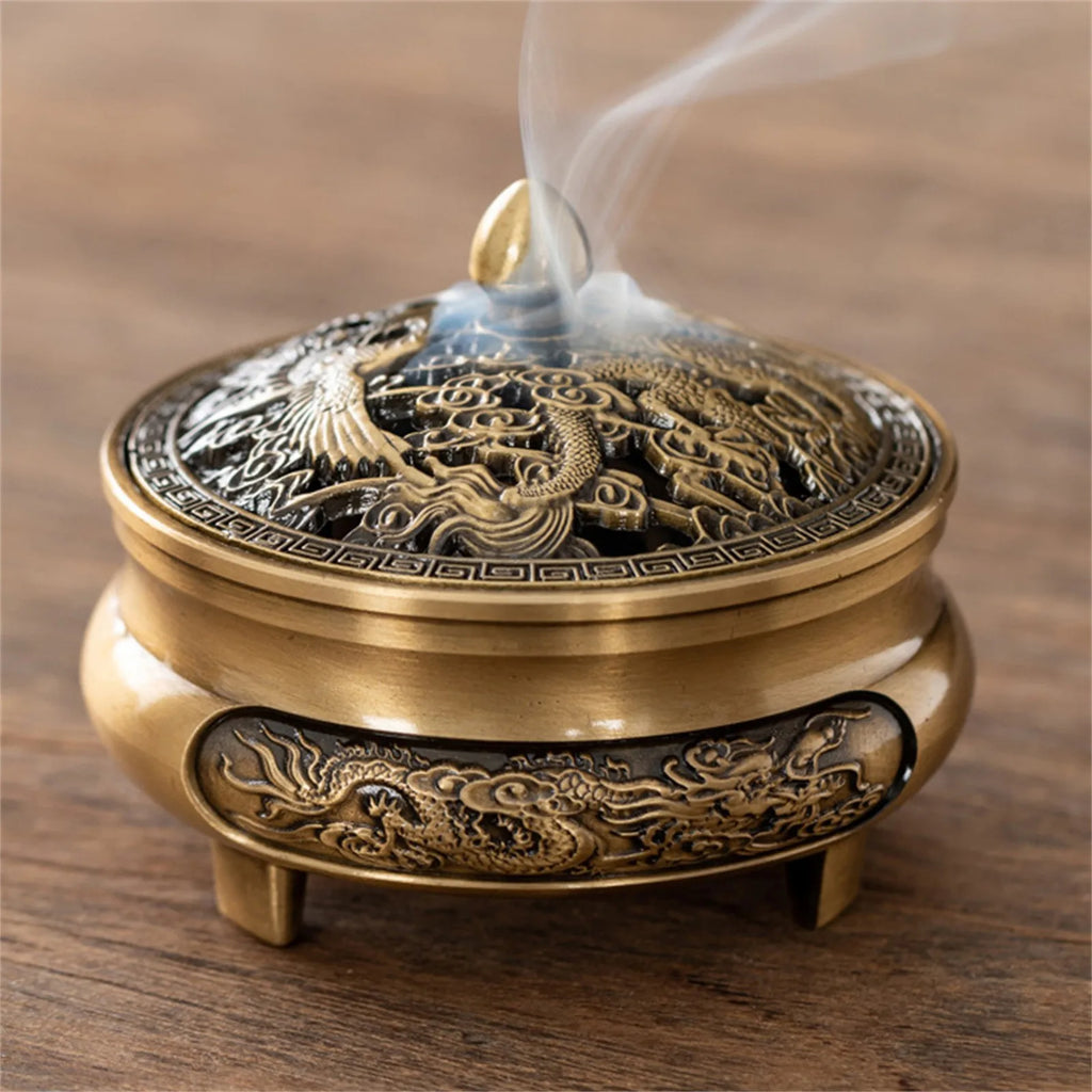 Antique Brass Hollow Dragon Phoenix Incense Burner Incense Mini Ornaments for Home Chinese Ancient Tea Desk Decor Indoor Perfume Oasis Select as shown