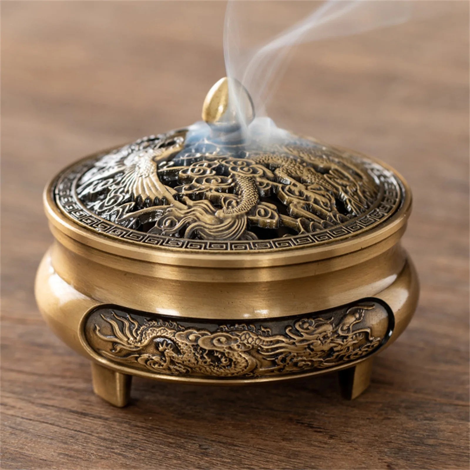 Antique Brass Hollow Dragon Phoenix Incense Burner Incense Mini Ornaments for Home Chinese Ancient Tea Desk Decor Indoor Perfume Oasis Select as shown