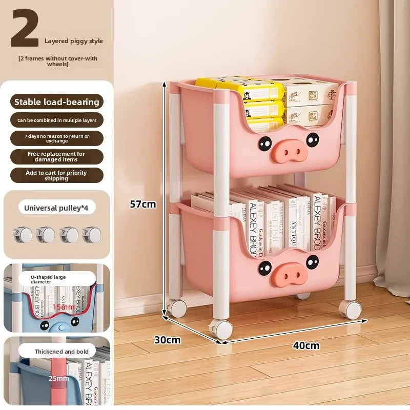 Multi-functional Children's bookshelf storage rack Living room floor-to-ceiling multi-layer snack rack trolley Oasis Select Pink Pig 2