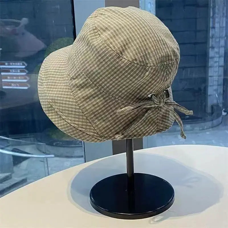 Womens Plaid Fisherman Cap Summer Rolled Edge Bow Bucket Hat Breathable UV Shield Sun Cap for Beach Holiday Travel Oasis Select D