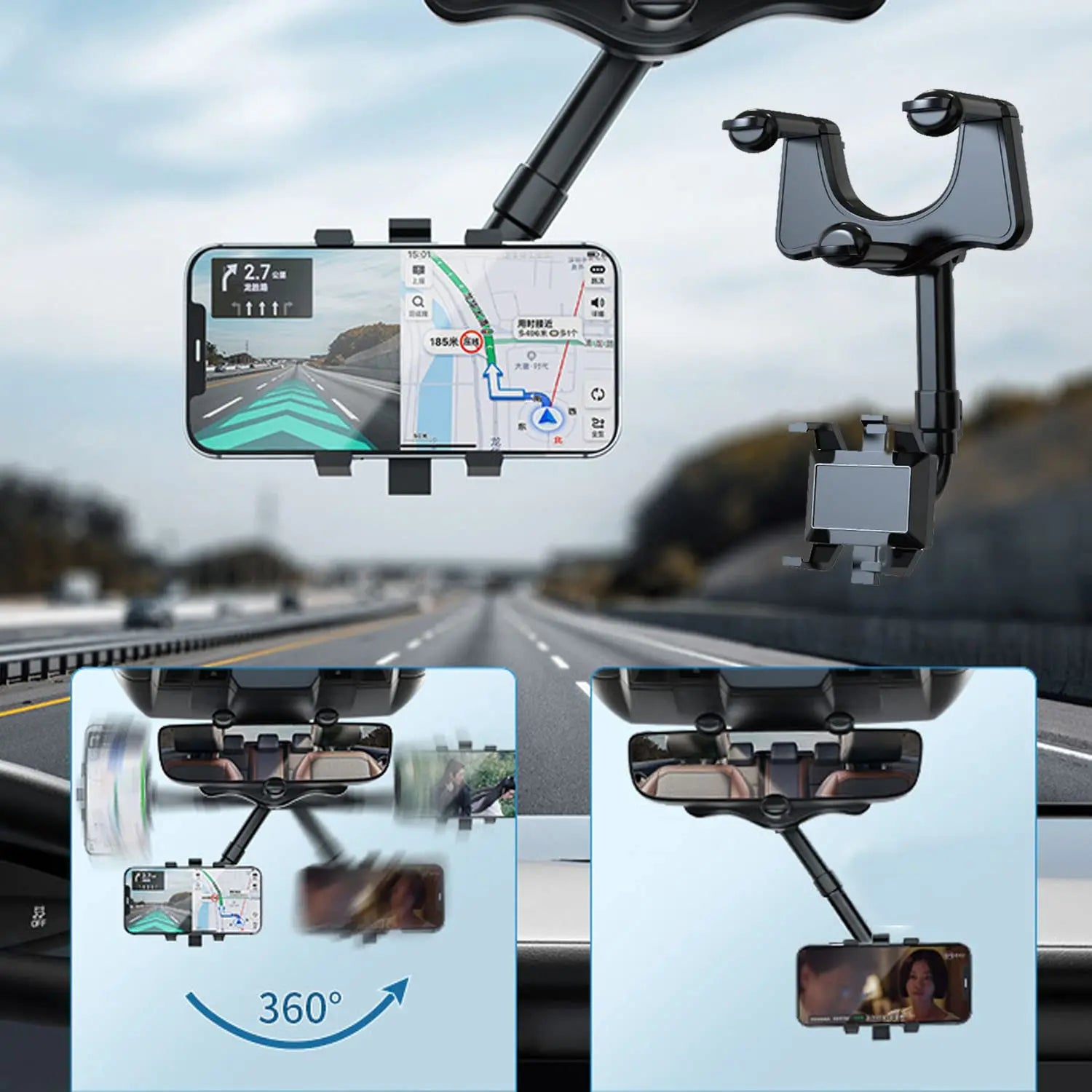360° Rearview Mirror Car Phone Holder – Universal Mount