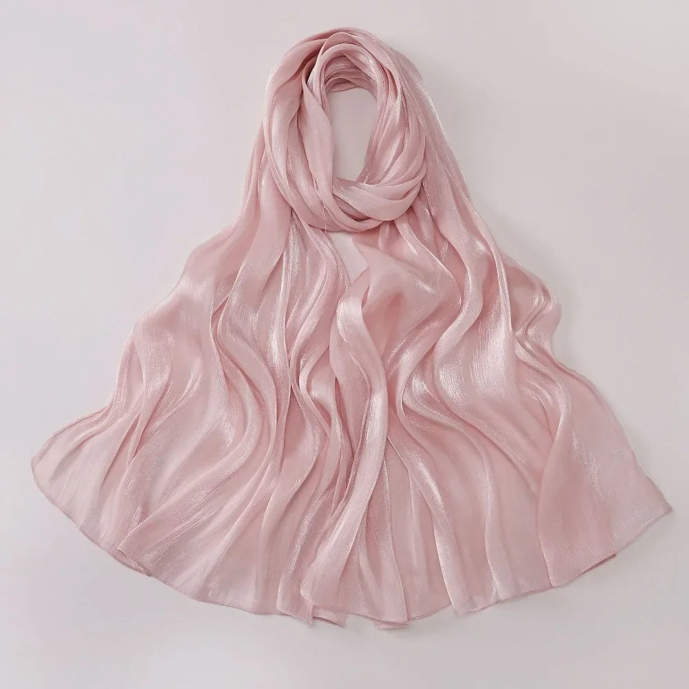 Fashion Solid Color Silk Scarf Chiffon Shining Chiffon Hijab Veil Soft Long Sunscreen shawl Outdoor Oasis Select F