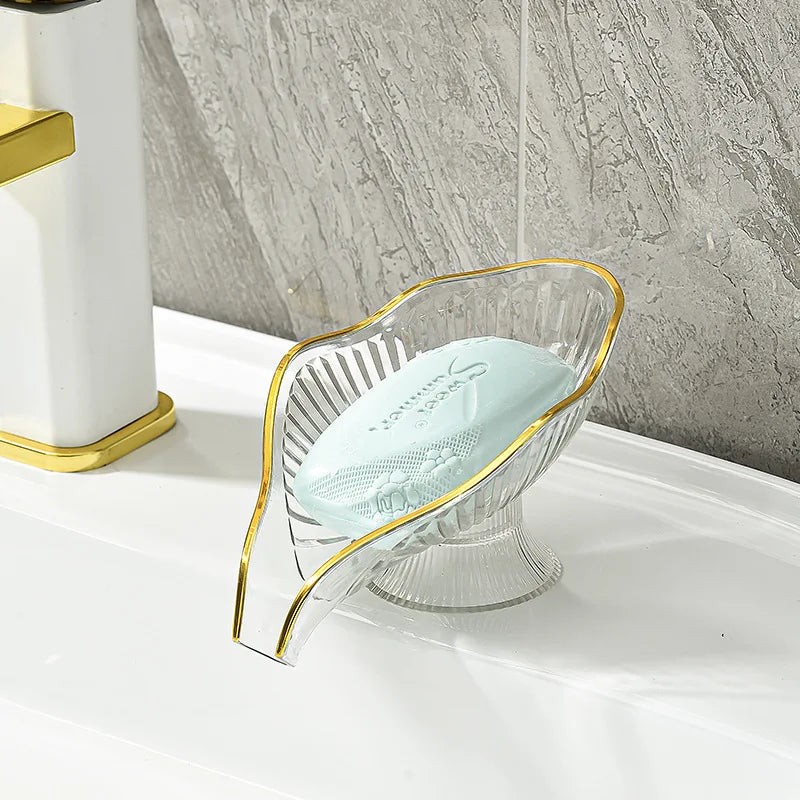 Drain Plate Tray Creative Soap Holder Soap Box Bathroom Gadgets Non-slip Laundry Soap Dish Storage Soap Case Leaf Shape Oasis Select transparent