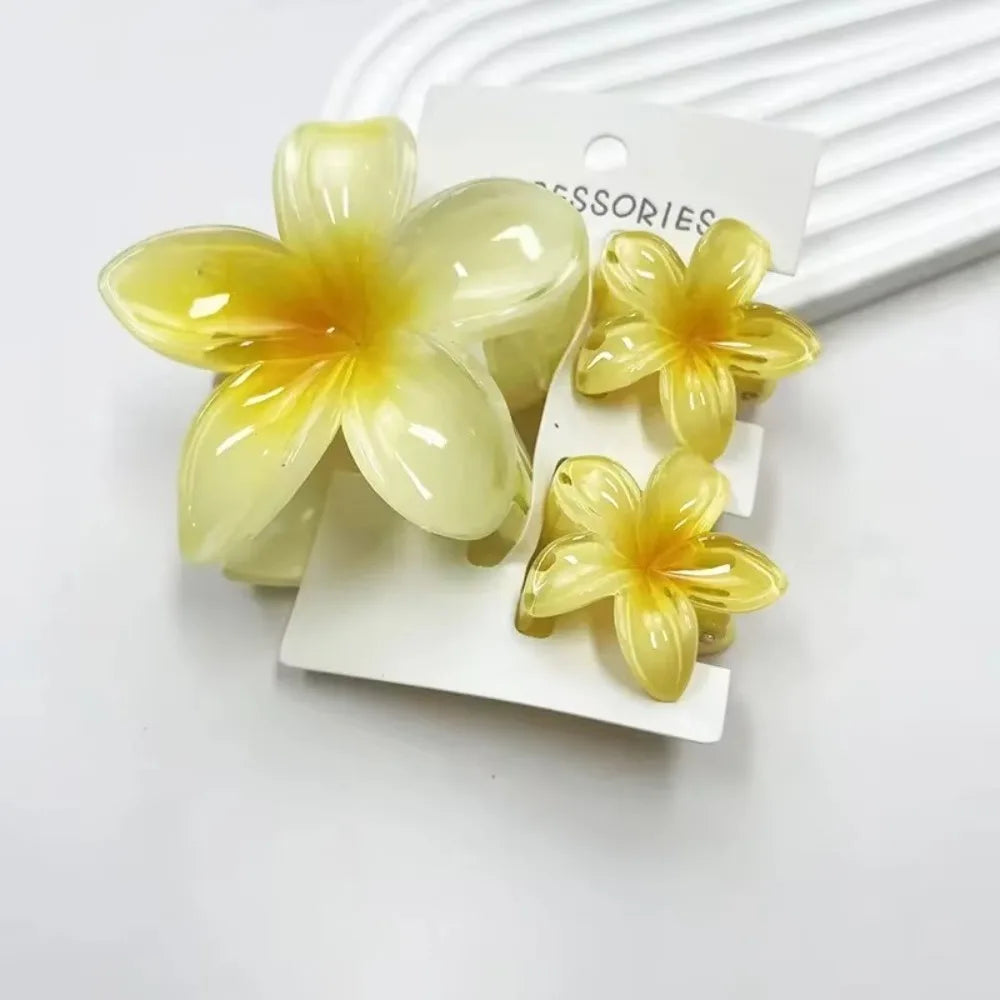 3Pcs/Set New Gradient Hair Claws Sweet Flower Plumeria Flower Hawaiian Flower Hair Clip Clamp Acrylic Hair Accessories Summer Oasis Select Yellow