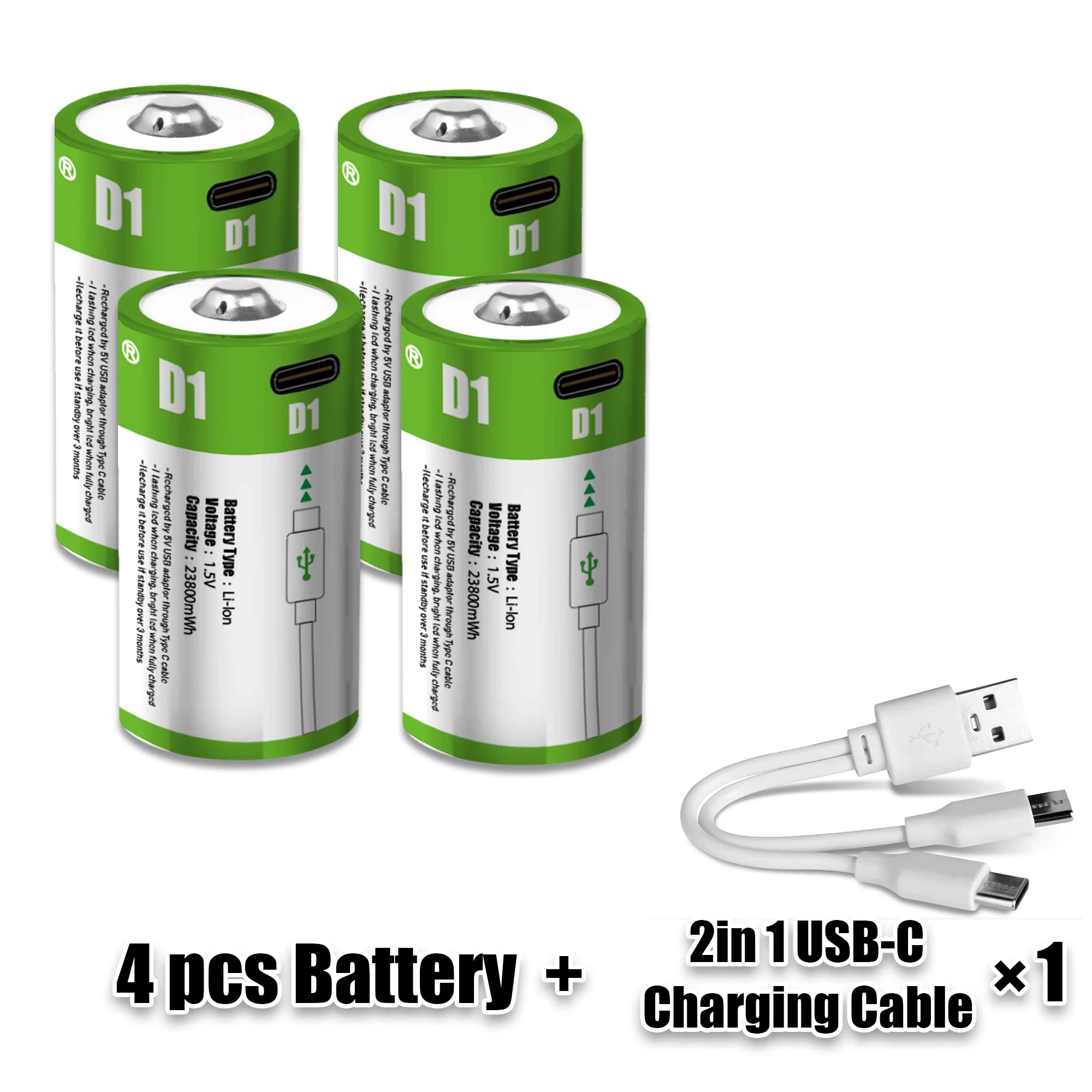 1.5V 23800mWh USB Rechargeable D Size Battery LR20 D Cell Lithium Battery for Gas Cooker Water Heater Flashlight Radios Oasis Select 4pcs batteries 2CX1 1.5V