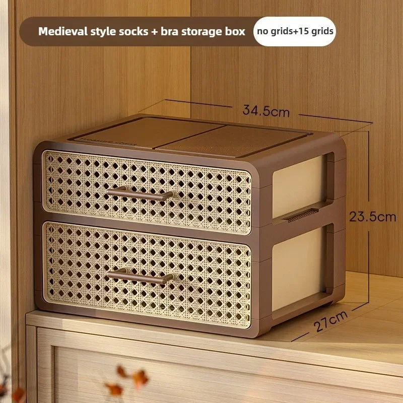 Home bedroom underwear storage box, home drawer style grid sorting wardrobe, antique style plastic rattan dust-proof storage box Oasis Select 2 layers B