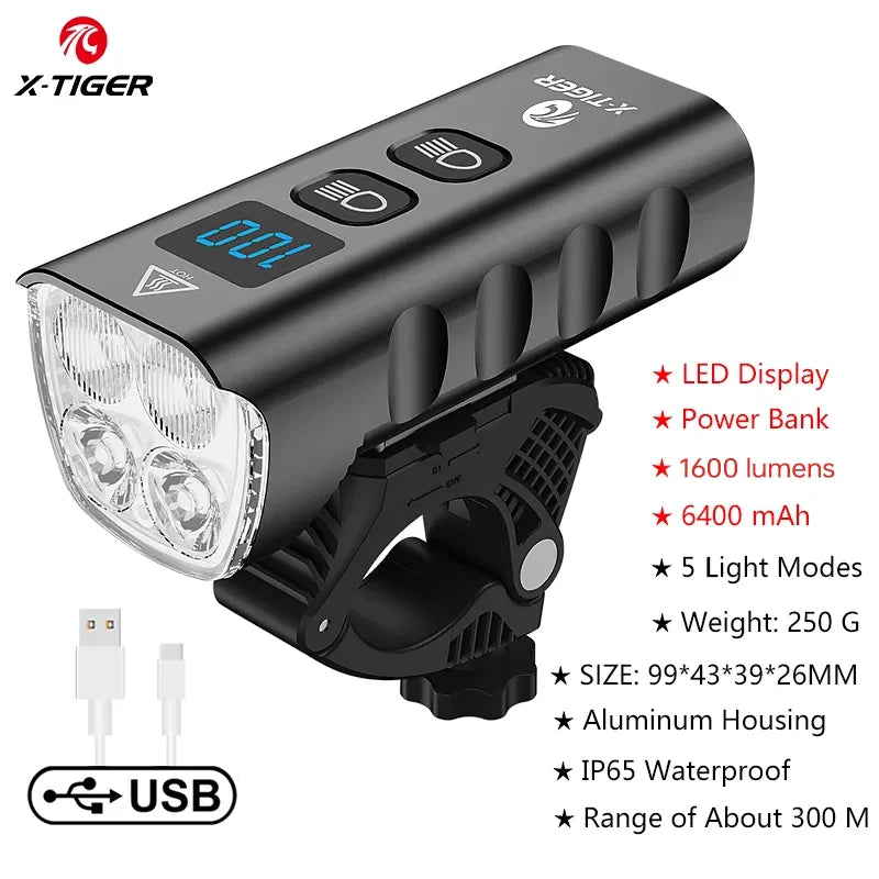 X-TIGER Bike Front Light 6400mA Rechargeable Bicycle Light 1600LM Cycling Headlight LED Flashlight MTB Bike Lamp Oasis Select QD-1301