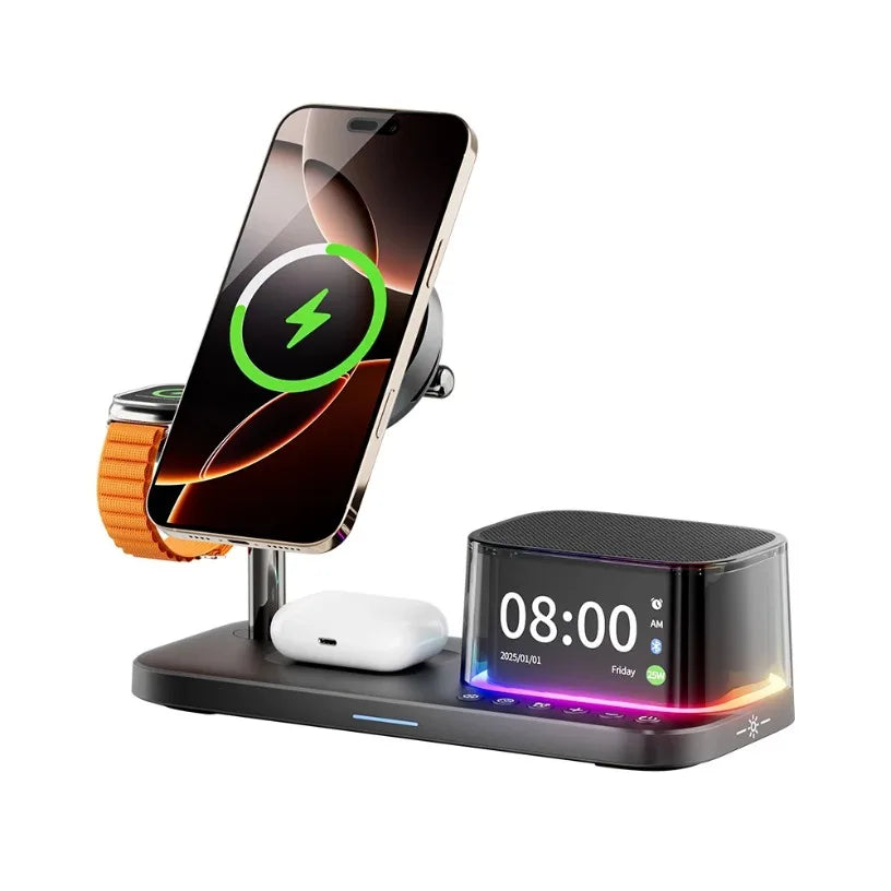 Qi2 25W 5 in 1 Magnetic Wireless Charger Stand with Speaker 25W Fast Charging for Iphone 17 16 15 Pro Max, Airpods,iwatch Oasis Select