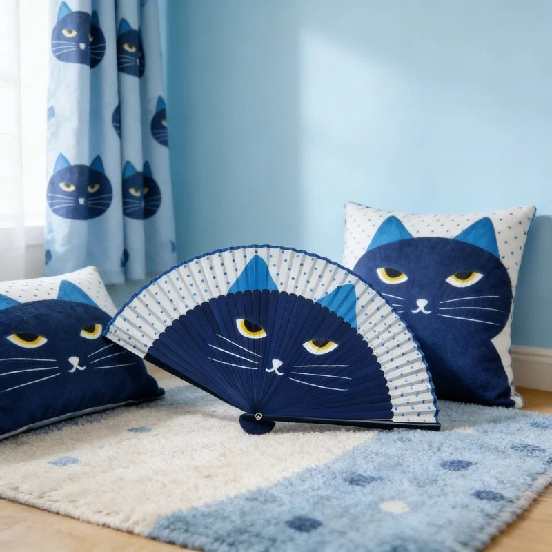 Popular Lovely Chinese Style Quality Plastic Cartoon Summer Gift Cat Patterns Folding Fan Fan Crafts Home Decoration Silk Fan Oasis Select