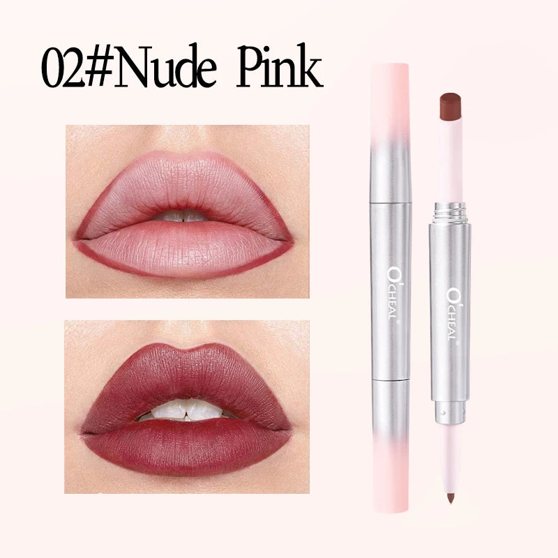 O'CHEAL Double-Headed Matte Lipstick Lip Liner 2 IN 1 24 Hours Long Lasting Sexy Red Lip Lipstick Lipliner Pencil Makeup Oasis Select 02 Nude Pink 1.3g