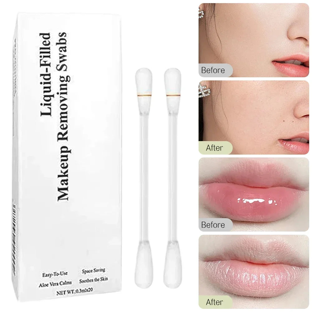 Portable Disposable Makeup Remover Swabs 0.3ml x 20pcs Liquid Filled Pre Moistened Cotton Swab for Eye Lip Care Oasis Select