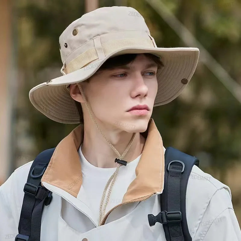 Wide Brim Fisherman Hat Sun Hat Camping Hat Breathable Men Women With Rope Anti Snout Outdoors Mountaineering Hiking Fishing Cap Oasis Select