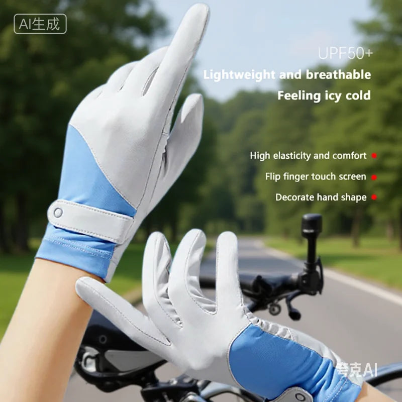 Summer Sunscreen Gloves Women Thin Ice Silk Anti-ultraviolet Dew Finger Touch Screen Driving Riding Non-slip Breathable Gloves Oasis Select