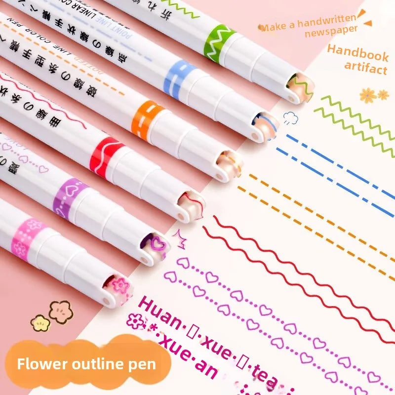 Curved Tip Flower Marker 6Pcs Floral Outline Highlighter Kawaii Graffiti Pen Practical School Study Goods Oasis Select
