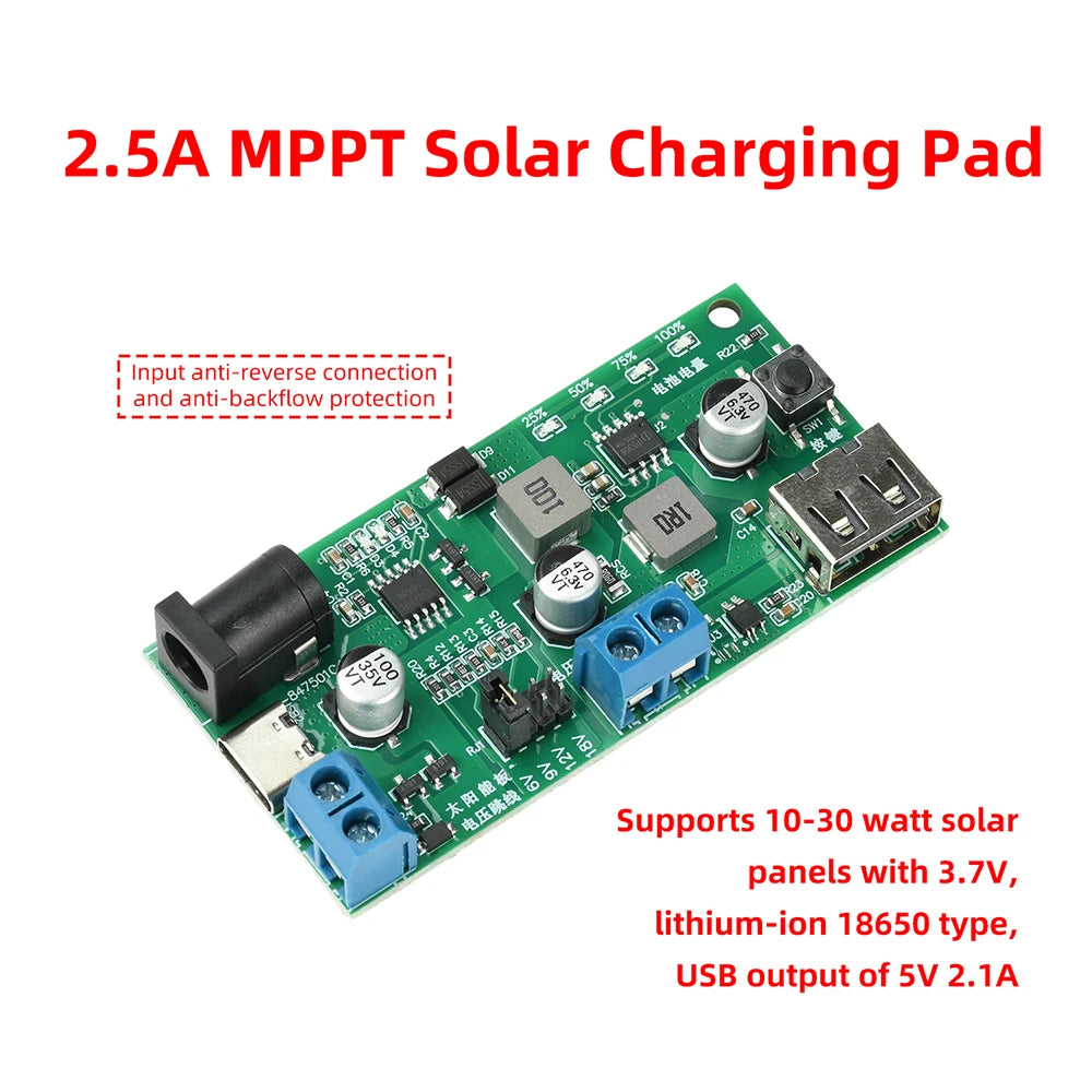 Mini MPPT Solar Charging Control Module DC5-18V 2.5A Type-C DC Terminal 3 Input Ports 5V2.1A USB Discharge For 3.7V 18650 Oasis Select