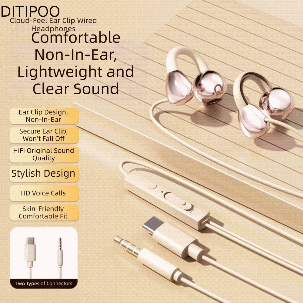 Ear Clip Type Wired Headphones 3.5mm/Type-C HiFi Ear Clip Headphones Wire Control Stereo Earbuds Not In Ear Headphones Oasis Select