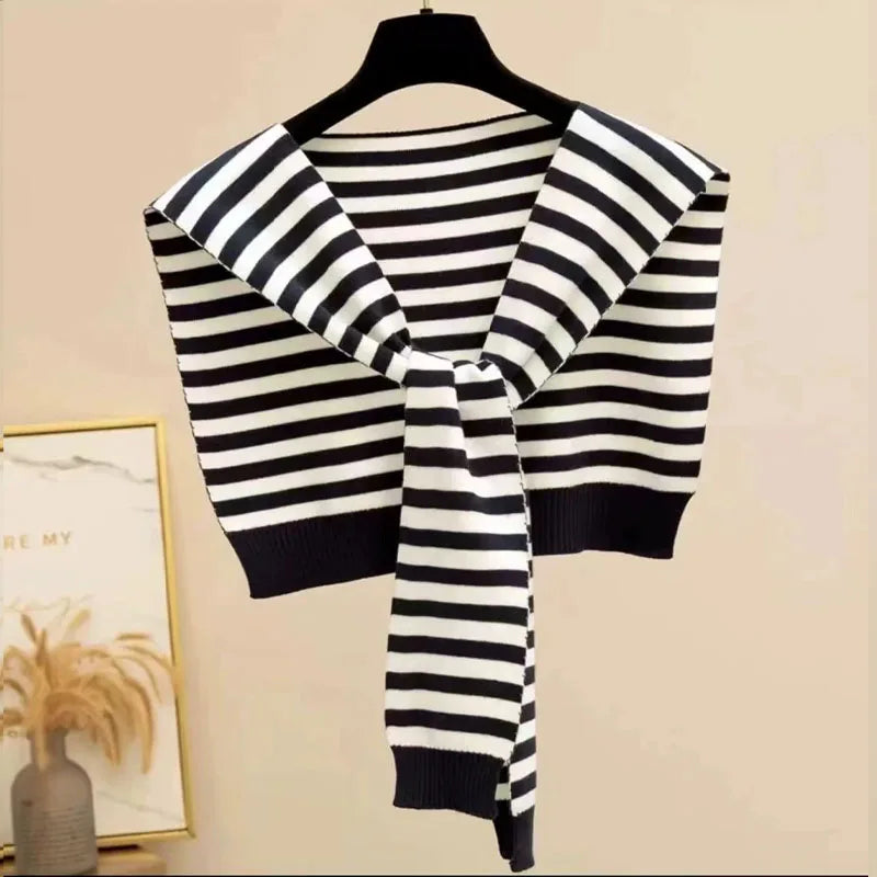 Knitted Stripe Capelet for Women Summer Air Conditioner Neck Cover Shawl Casual Lightweight Shoulder Wrap High End Vest Oasis Select Black B 1PC