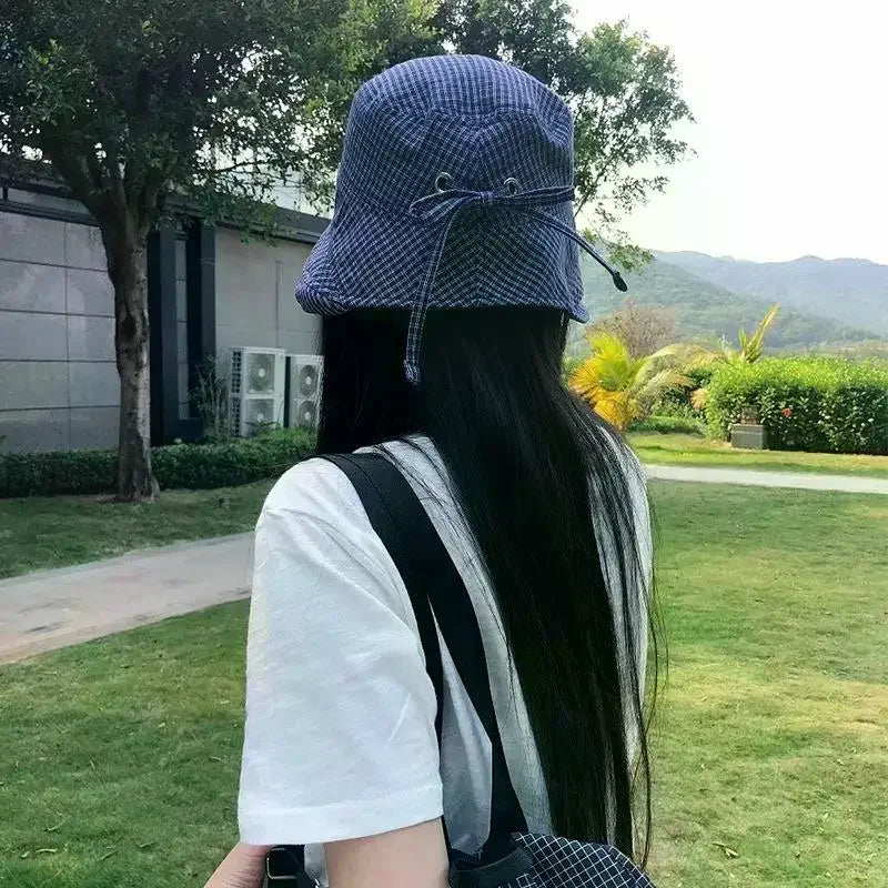 Womens Plaid Fisherman Cap Summer Rolled Edge Bow Bucket Hat Breathable UV Shield Sun Cap for Beach Holiday Travel Oasis Select
