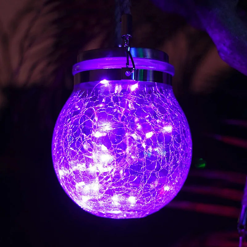 Solar Outdoor Lights Set: Garden Crack/Hanging Bottle Lights Xmas Mason Decor Oasis Select 20 lights purple.