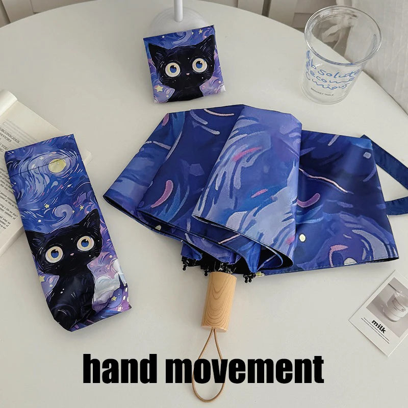 Blue Green Purple Powder Cat Cartoon Fold Umbrella Fully Automatic Umbrella Women's Dual-Purpose Sun Umbrella Portable Umbrella Oasis Select 3 hand movement 8K